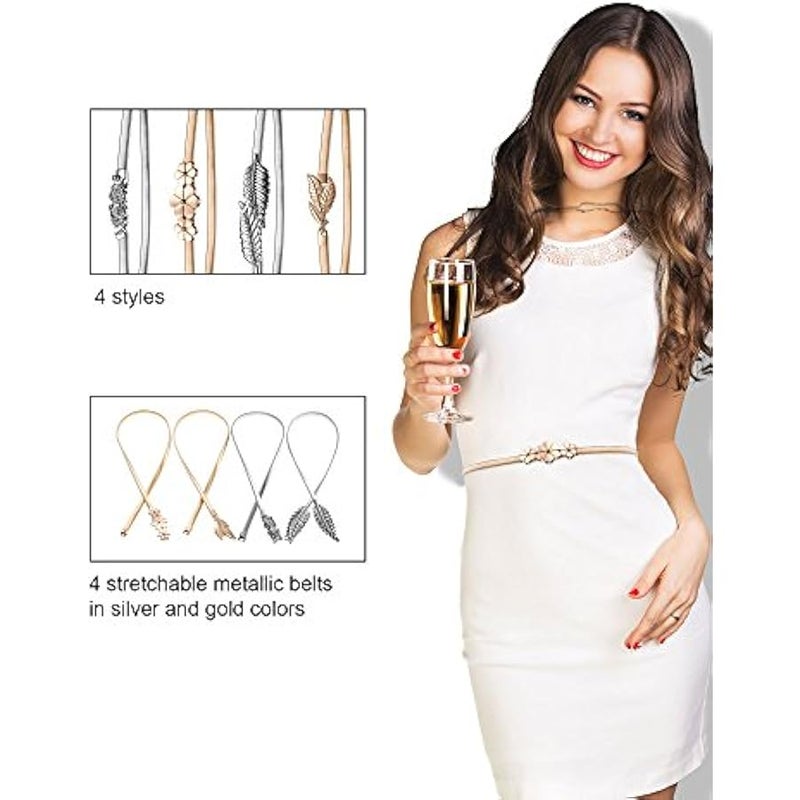 4 Pieces Women Elastic Waist Belt Stretch Metal Dress Belt for Women Girl, Silver and Gold, Color Set 4, M - Image 4